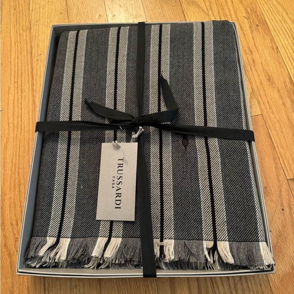 Trussardi Casa Throw Wool Blend Made In Italy 55x69” Black White Stripes - Picture 1 of 4